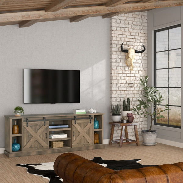 Legends Furniture Modern Farmhouse Fully Assembled Large TV Stand with Sliding Barn Style Doors FH1425.BNW