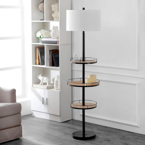 Bello Floor Lamp with Chic Wood Shelves - Modern Matte Black Design for Stylish Home Decor