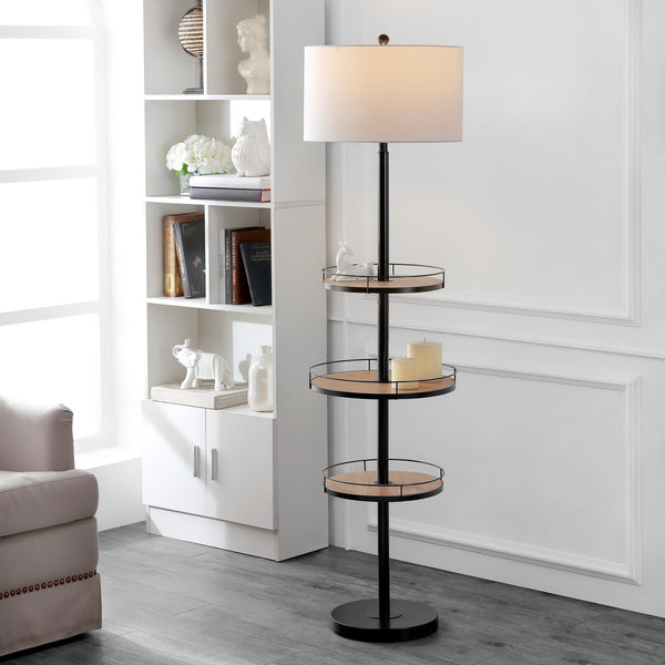 Bello Floor Lamp with Chic Wood Shelves - Modern Matte Black Design for Stylish Home Decor