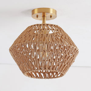 Safavieh Raja, 13.5 Inch, Natural/Gold, Paper Rope/Iron Flush Mount Natural / Gold FLU4105A