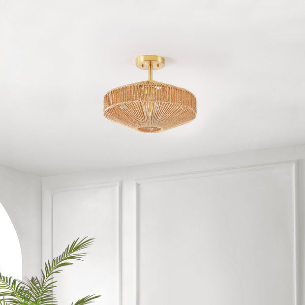 Safavieh Janora, 15.75 Inch, Natural/Gold, Paper Rope/Iron Flush Mount Natural / Gold Paper FLU4106A