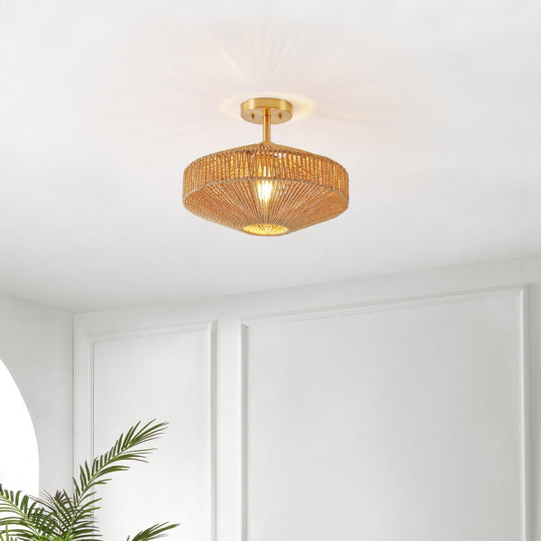 Safavieh Janora, 15.75 Inch, Natural/Gold, Paper Rope/Iron Flush Mount Natural / Gold Paper FLU4106A