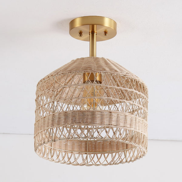 Safavieh Noyuna, 12 Inch, Light Natural/Gold, Rattan/Iron Flush Mount Light Natural / Gold FLU4107A