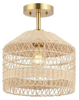 Safavieh Noyuna, 12 Inch, Light Natural/Gold, Rattan/Iron Flush Mount Light Natural / Gold FLU4107A