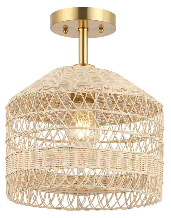 Safavieh Noyuna, 12 Inch, Light Natural/Gold, Rattan/Iron Flush Mount Light Natural / Gold FLU4107A