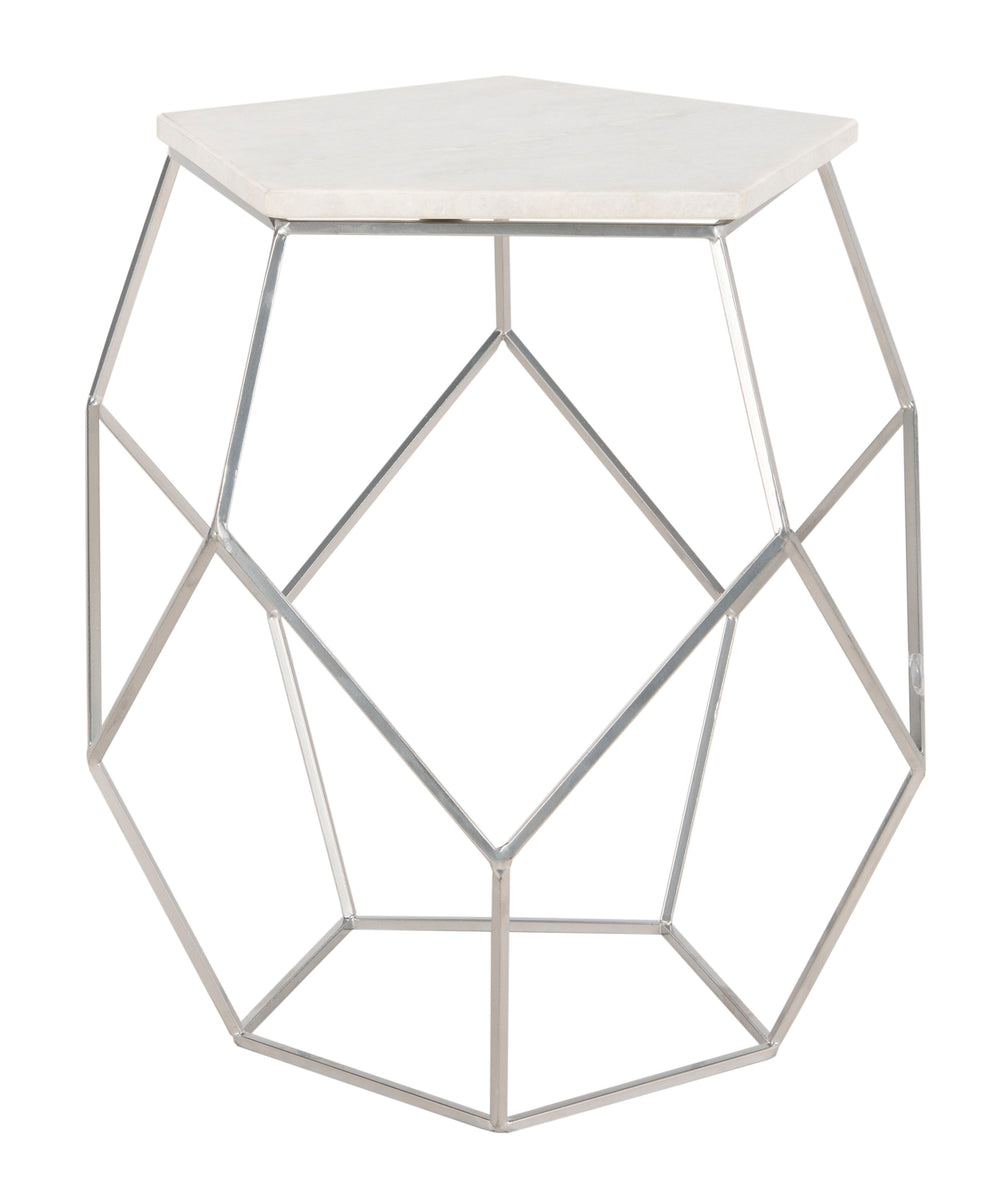 Modern Pentagon Marble Top Side Table - Stylish Silver Finish, Geometric Design for Contemporary Spaces
