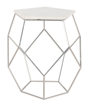 Modern Pentagon Marble Top Side Table - Stylish Silver Finish, Geometric Design for Contemporary Spaces