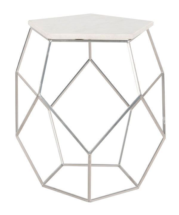 Modern Pentagon Marble Top Side Table - Stylish Silver Finish, Geometric Design for Contemporary Spaces