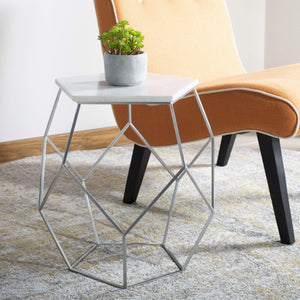 Modern Pentagon Marble Top Side Table - Stylish Silver Finish, Geometric Design for Contemporary Spaces