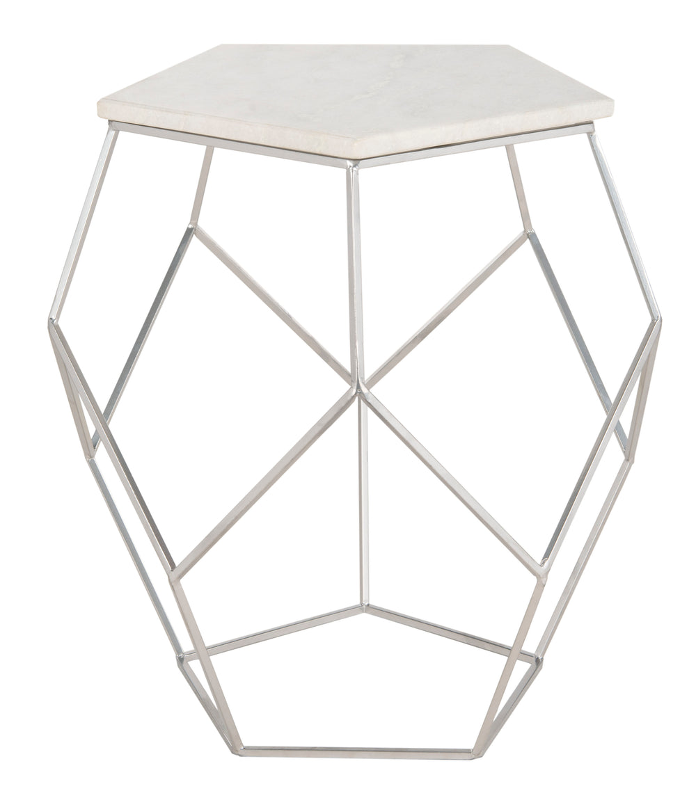 Modern Pentagon Marble Top Side Table - Stylish Silver Finish, Geometric Design for Contemporary Spaces