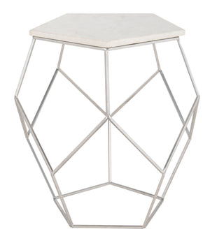 Modern Pentagon Marble Top Side Table - Stylish Silver Finish, Geometric Design for Contemporary Spaces