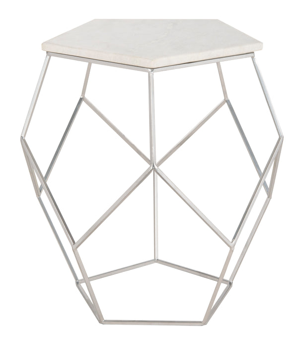 Modern Pentagon Marble Top Side Table - Stylish Silver Finish, Geometric Design for Contemporary Spaces