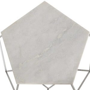 Modern Pentagon Marble Top Side Table - Stylish Silver Finish, Geometric Design for Contemporary Spaces