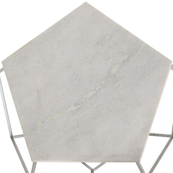 Modern Pentagon Marble Top Side Table - Stylish Silver Finish, Geometric Design for Contemporary Spaces