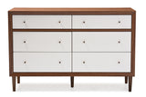 Baxton Studio Harlow Mid-century Modern Scandinavian Style White and Walnut Wood 6-drawer Storage Dresser