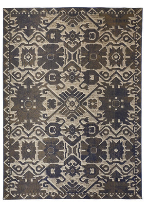 Foster Modern Slavic Kilim, Navy Blue/Golden Brown, 7ft-10in x 11ft Area Rug