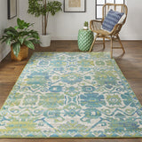 Foster Modern Style Slavic Kilim Rug, Citron Green/Teal/Tan, 7ft-10in x 11ft