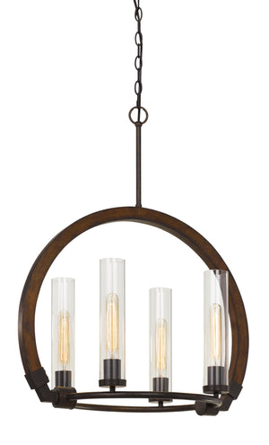 Cal Lighting 60W x 4 Sulmona Wood/Metal Chandelier with Glass Shade (Edison Bulbs Not Inlcluded) FX-3691-4 Oak/Iron FX-3691-4