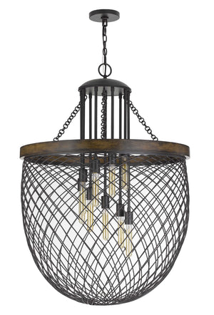 Cal Lighting Marion Metal/Wood Mesh Shade Chandelier (Edison Bulbs Not Included) FX-3718-9 Bronze/Wood FX-3718-9