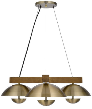 Cal Lighting Lakeland 15W x 3 Intergrated Dimmable LED Metal / Birch Wood Pendant Light with Half Domed Metal Shade FX-3801-3C Antique Brass FX-3801-3C