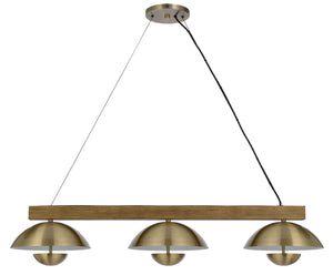 Cal Lighting Lakeland 15W x 3 Intergrated Dimmable LED Metal / Birch Wood Island Chandelier with Half Domed Metal Shade FX-3801-3 Antique Brass FX-3801-3