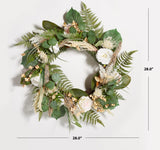 Safavieh Faux 28 Inch Rose & Fern Wreath Green/White Vines / Plastic / Metal / Polarfleece / Fabric Yarn FXP1023A