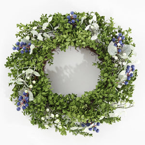 Safavieh Faux 24 Inch Boxwood & Berry Wreath Green / Blue Vines / Satin / Plastic / Metal FXP1038A