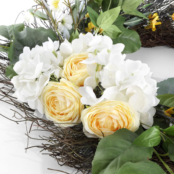 Safavieh Faux 26 Inch Hydrangea & Spring Blossom Wreath Yellow/White Vines / Satin / Plastic / Metal FXP1039A
