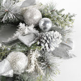 Safavieh Faux 26 Inch Frosted Pine Wreath W/ Ornaments Silver / Green Vines / Pinecone / Satin / Plastic / Metal FXP1077A