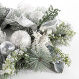 Safavieh Faux 26 Inch Frosted Pine Wreath W/ Ornaments Silver / Green Vines / Pinecone / Satin / Plastic / Metal FXP1077A