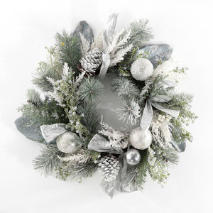 Safavieh Faux 26 Inch Frosted Pine Wreath W/ Ornaments Silver / Green Vines / Pinecone / Satin / Plastic / Metal FXP1077A