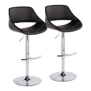 Fabrico Contemporary Adjustable Bar Stool in Chrome with Rounded T Footrest and Black Faux Leather by LumiSource - Set of 2