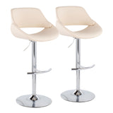 Fabrico Contemporary Adjustable Bar Stool in Chrome with Rounded T Footrest and Cream Faux Leather by LumiSource - Set of 2