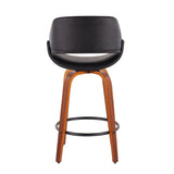 Fabrico Mid-Century Modern Fixed-Height Counter Stool in Walnut Wood with Round Black Footrest and Black Faux Leather by LumiSource - Set of 2