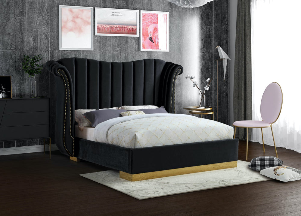 Flora Velvet / Engineered Wood / Metal / Foam Contemporary Black Velvet King Bed (3 Boxes) - 98.5" W x 88" D x 63.5" H