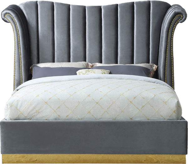 Flora Velvet / Engineered Wood / Metal / Foam Contemporary Grey Velvet King Bed (3 Boxes) - 98.5" W x 88" D x 63.5" H