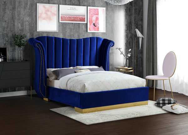 Flora Velvet / Engineered Wood / Metal / Foam Contemporary Navy Velvet King Bed (3 Boxes) - 98.5" W x 88" D x 63.5" H