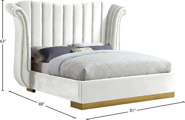 Flora Velvet / Engineered Wood / Metal / Foam Contemporary White Velvet Queen Bed (3 Boxes) - 82.5" W x 88" D x 63.5" H