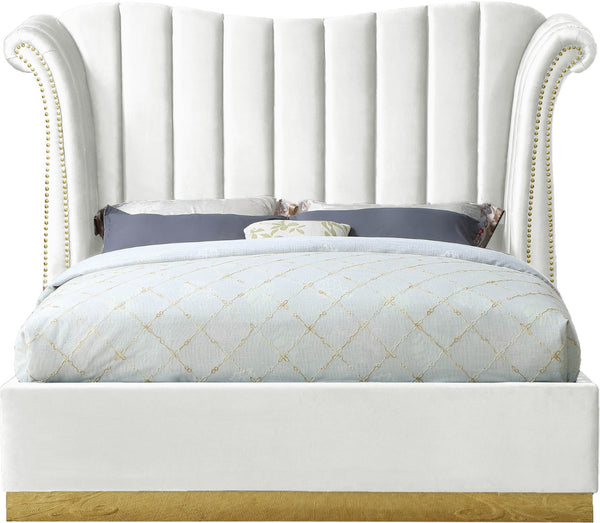 Flora Velvet / Engineered Wood / Metal / Foam Contemporary White Velvet Queen Bed (3 Boxes) - 82.5" W x 88" D x 63.5" H