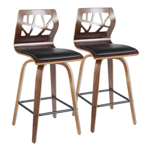 Folia Mid-Century Modern Counter Stool in Walnut Wood and Black Faux Leather by LumiSource - Set of 2