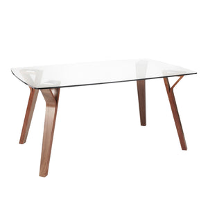 Folia Mid-Century Modern Dining Table in Walnut Wood with Clear Tempered Glass by LumiSource