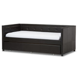 Frank Modern and Contemporary Black Faux Leather Button-Tufting Sofa Twin Daybed with Roll-Out Trundle Guest Bed