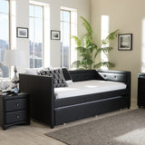 Baxton Studio Frank Modern and Contemporary Black Faux Leather Button-Tufting Sofa Twin Daybed with Roll-Out Trundle Guest Bed