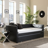 Baxton Studio Frank Modern and Contemporary Black Faux Leather Button-Tufting Sofa Twin Daybed with Roll-Out Trundle Guest Bed