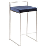 Fuji Contemporary Stackable Counter Stool in Stainless Steel with Blue Velvet Cushion by LumiSource - Set of 2