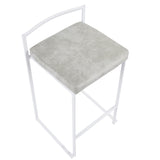 Fuji Contemporary Stackable Counter Stool in White with Light Grey Cowboy Fabric Cushion by LumiSource - Set of 2