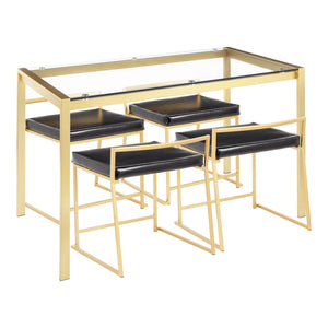 Fuji 5-Piece Contemporary/Glam Dining Set in Gold Metal, Clear Tempered Glass and Black Faux Leather by LumiSource