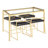 Fuji 5-Piece Contemporary/Glam Dining Set in Gold Metal, Clear Tempered Glass and Black Faux Leather by LumiSource