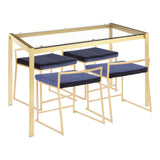 Fuji 5-Piece Contemporary/Glam Dining Set in Gold Metal, Clear Tempered Glass and Blue Velvet Fabric by LumiSource