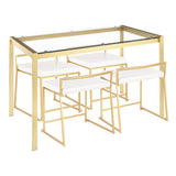 Fuji 5-Piece Contemporary/Glam Dining Set in Gold Metal, Clear Tempered Glass and White Faux Leather by LumiSource
